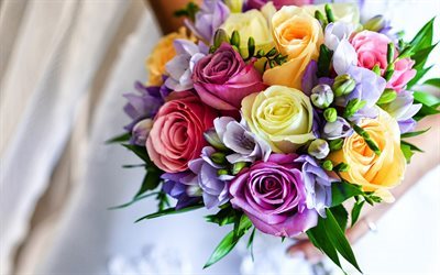wedding bouquet, colorful flowers, roses, freesia, Wedding