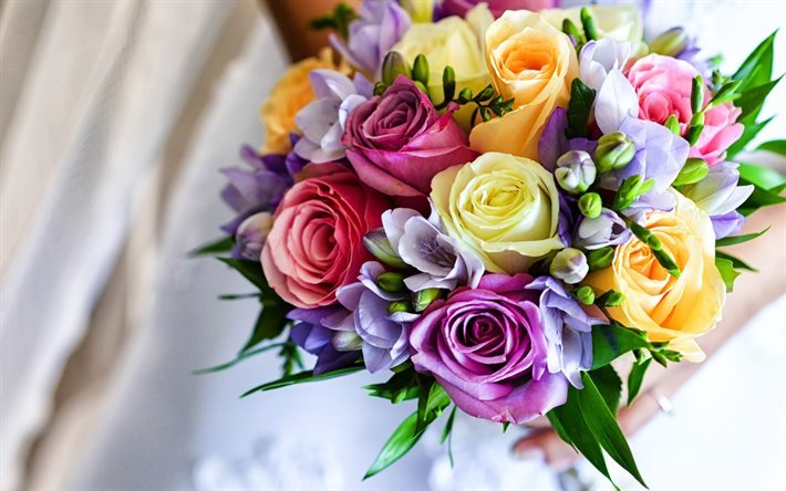 結婚式の花束, 色とりどりの花, バラ, フリージア, 結婚