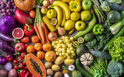 diverse verdure e frutta, arcobaleno di frutta, frutta e verdura per colore, sfondo di verdure, sfondo di frutta