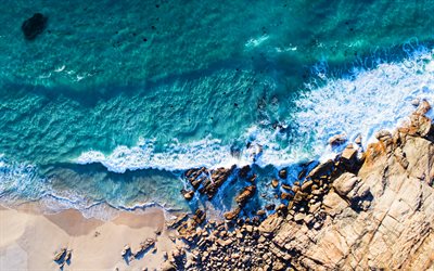 aerial view, 4k, sea, waves, stones, summer, beautiful nature, paradise, HDR, travel concepts
