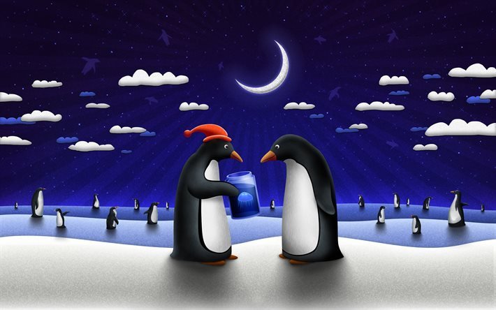 neues jahr, pinguine, winter, mond, weihnachtsmann m&#252;tze