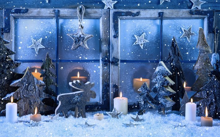 Feliz Ano Novo, 5K, decora&#231;&#227;o de natal, a queda de neve, velas, Natal