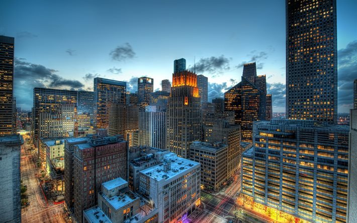 America, Houston, dusk, skyscrapers, USA