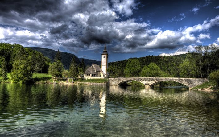 Bohinj Valley, nehir, yaz, orman, k&#246;pr&#252;, HDR, Slovenya