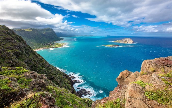 Hawaii, coast, ocean, summer, mountains, tropical island, USA