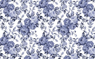 blauer weinlesehintergrund, 4k, hintergrund mit blumen, weinleseblumenmuster, blaue blumen, blumenverzierungen, blumenmuster, blauer hintergrund