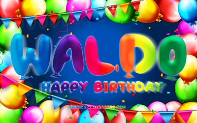 Grattis p&#229; f&#246;delsedagen Waldo, 4k, f&#228;rgglad ballongram, Waldo namn, bl&#229; bakgrund, Waldo Grattis p&#229; f&#246;delsedagen, Waldo Birthday, popul&#228;ra tyska mansnamn, F&#246;delsedagskoncept, Waldo