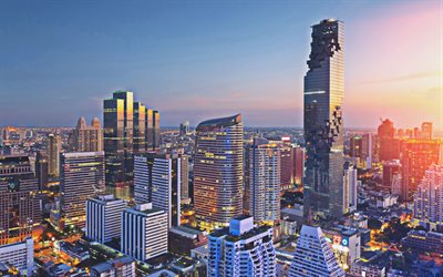 Bangkok, 4k, sunset, Nonthaburi, skyscrapers, modern buldings, Asia