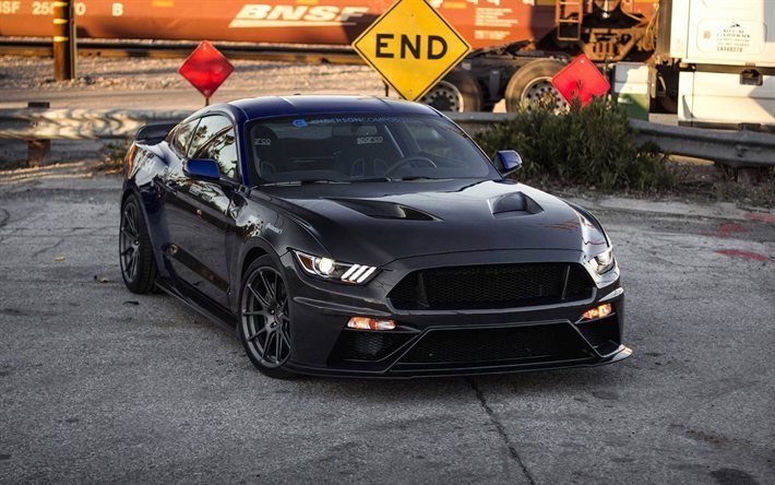 Ford Mustang, Carros esportivos, Mustang preto, tuning, Forgeline, GS1R, Ford