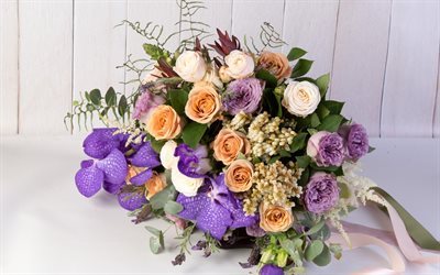 Wedding bouquet, roses, orchid, beautiful bouquets, purple orchid