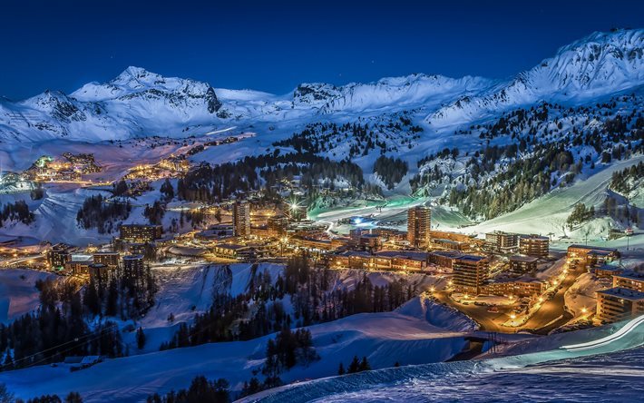 Savoie, hiver, montagnes, nuit, resort, France