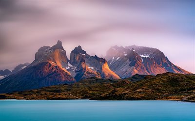 Andes, mountains, sunset, evening, mountain landscape, coast, Patagonia, South America