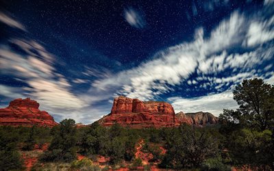 Sedona, Arizona, red rocks, cielo estrellado, paisaje de monta&#241;a, las rocas de Arizona, estados UNIDOS