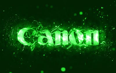キャノングリーンのロゴ, 4k, 緑のネオンライト, クリエイティブ, 緑の抽象的な背景, キヤノンのロゴ, ブランド, キヤノン