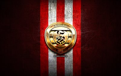 Kisvarda FC, golden logo, OTP Bank Liga, red metal background, football, hungarian football club, Kisvarda FC logo, Hungary