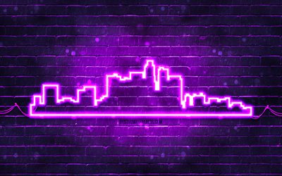 Los Angeles violet neon silhouette, 4k, violet neon lights, Los Angeles skyline silhouette, violet brickwall, american cities, neon skyline silhouettes, USA, Los Angeles silhouette, Los Angeles