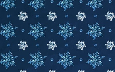 4k, blauer hintergrund mit schneeflocken, winterschneeflockenhintergrund, glasschneeflocken, schneeflockenhintergrund, blauer winterhintergrund