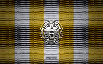 Menemen Belediyespor logo, Turkish football club, metal emblem, yellow-white metal mesh background, TFF 1 Lig, Menemen Belediyespor, TFF First League, Meneman, Turkey, football