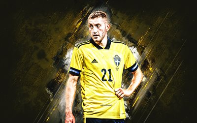 Dejan Kulusevski, Sweden national football team, Swedish football player, midfielder, portrait, yellow stone background, football, Sweden