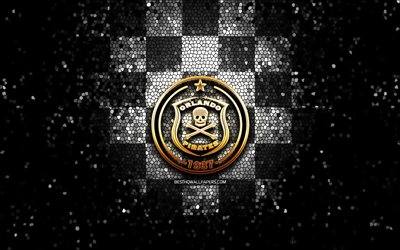 Orlando Pirates FC, glitter logo, Premier Soccer League, black white checkered background, soccer, South African football club, Orlando Pirates logo, mosaic art, football, PSL