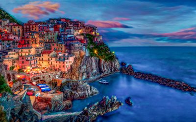 Manarola, evening, sunset, hdr, Ligurian Sea, Cinque Terre, Manarola panorama, Manarola cityscape, Italy