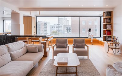 4k, appartamento dal design elegante, soggiorno, ampie finestre nell appartamento, interni dal design moderno, mobili in legno chiaro