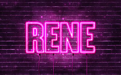 Happy Birthday Rene, 4k, pink neon lights, Rene name, creative, Rene Happy Birthday, Rene Birthday, popular french female names, picture with Rene name, Rene