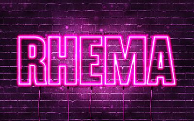 Happy Birthday Rhema, 4k, pink neon lights, Rhema name, creative, Rhema Happy Birthday, Rhema Birthday, popular french female names, picture with Rhema name, Rhema