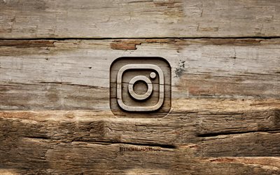 Instagram wooden logo, 4K, wooden backgrounds, social networks, Instagram logo, creative, Instagram new logo, wood carving, Instagram