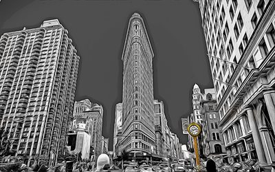 flatiron building, new york city, 4k, vektorgrafiken, flatiron building zeichnung, kreative kunst, flatiron building kunst, vektorzeichnung, abstrakte stadtansichten, new york, usa