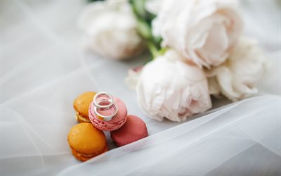 wedding rings, white roses, wedding concepts, rings, macaroons