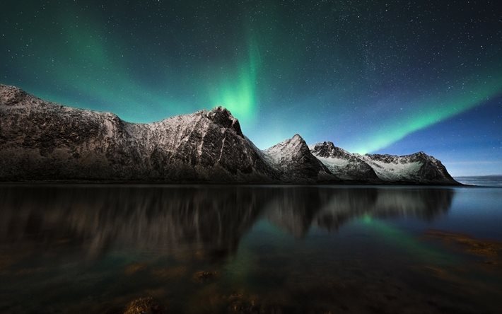 rocks, sea, Aurora Borealis, Norway, night, night sky