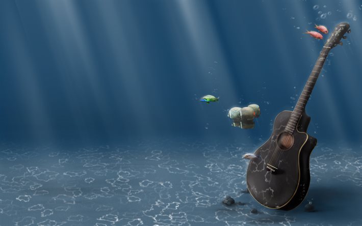 la guitarra, el fondo del mar, bajo el agua, los peces