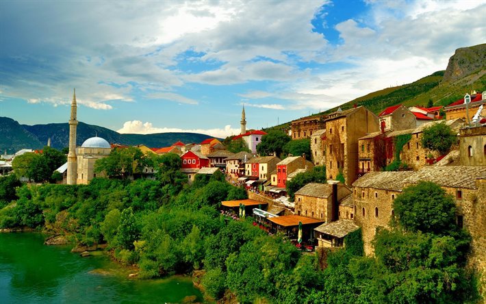 Mostar, Rio Neretva, ver&#227;o, rio, B&#243;snia e Herzegovina