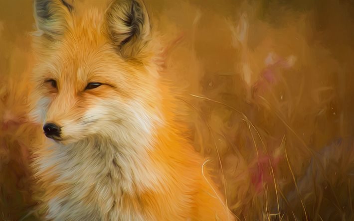 dipinto fox, 4k, la volpe, il bosco, la fauna selvatica