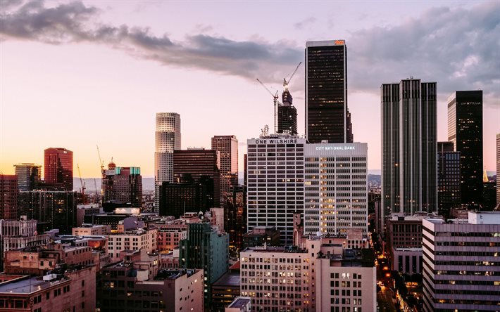 Los Angeles, rakennukset, Amerikassa, pilvenpiirt&#228;ji&#228;, sunset, USA