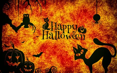 Halloween, October 31, creative background, pumpkins, black cat, spiders