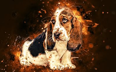 Basset Hound, puppy, brown neon lights, creative, cute animals, pets, Basset Hound dog, funny art, dogs
