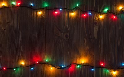 Christmas, garlands, bright lights, New Year, wooden background