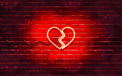 &#205;cone de n&#233;on do Broken Heart, 4k, fundo vermelho, s&#237;mbolos de n&#233;on, Broken Heart, &#237;cones de n&#233;on, sinal de Broken Heart, sinais de amor, &#237;cone de Broken Heart, &#237;cones de amor, conceitos de amor