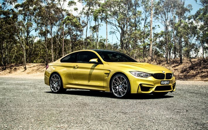 BMW M4 Coupe, keltainen BMW, F82, tuning BMW, urheiluauto