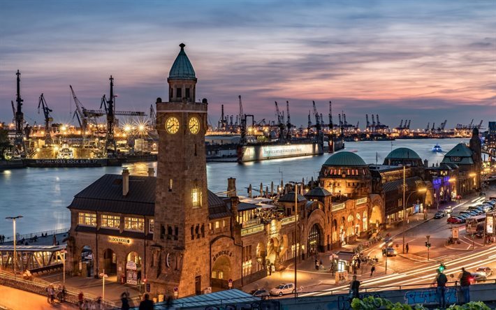Hamburgo, Alemania, puerto, gr&#250;as, bay