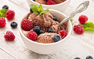 chocolate ice cream, sweets, desserts, ice cream with berries, ice cream, chocolate