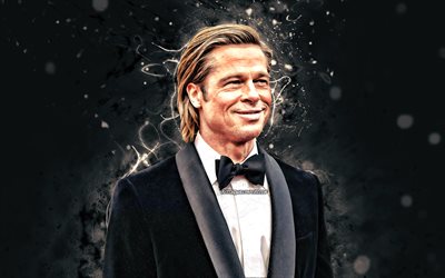 Brad Pitt, 2020, american actor, 4k, movie stars, fan art, William Bradley Pitt, american celebrity, white neon lights, creative, Brad Pitt 4K