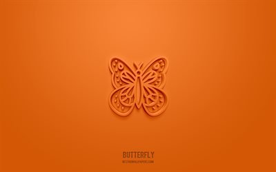 Butterfly 3d icon, orange background, 3d symbols, Butterfly, animals icons, 3d icons, Butterfly sign, animals 3d icons