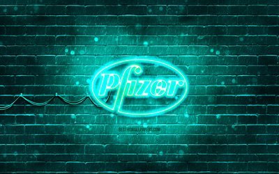 Logo turquoise Pfizer, 4k, mur de briques turquoise, logo Pfizer, Covid-19, Coronavirus, logo n&#233;on Pfizer, vaccin Covid, Pfizer
