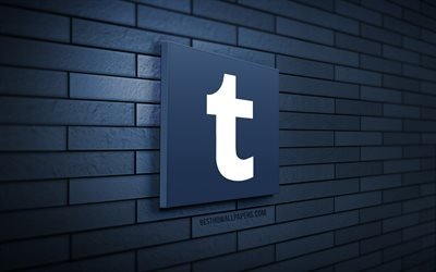 Logo Tumblr 3D, 4K, muro di mattoni blu, creativo, social network, logo Tumblr, arte 3D, Tumblr
