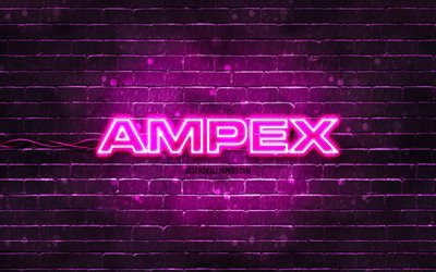 Logo Ampex viola, 4k, muro di mattoni viola, logo Ampex, marchi, logo al neon Ampex, Ampex