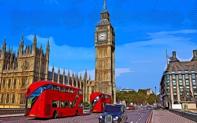 London, 4k, vektorkonst, Big Ben, r&#246;d buss, abstrakta stadsbilder, engelska st&#228;der, England, Storbritannien