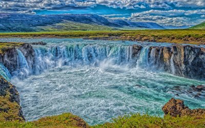 Godafoss, 4k, HDR, chute d&#39;eau, l&#39;Islandais de rep&#232;re, l&#39;&#233;t&#233;, la Rivi&#232;re Skjalfandafljot, les chutes d&#39;eau de l&#39;Islande, la belle chute d&#39;eau, l&#39;Islande
